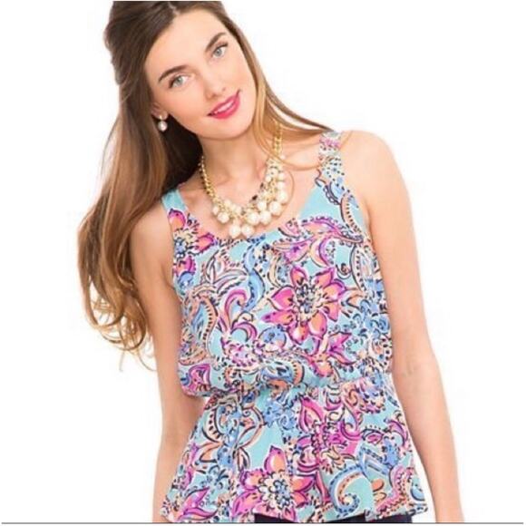 Lilly Pulitzer Top Womens Small Blue Pink Dune Bait & Switch Silk Preppy Peplum - Picture 1 of 9